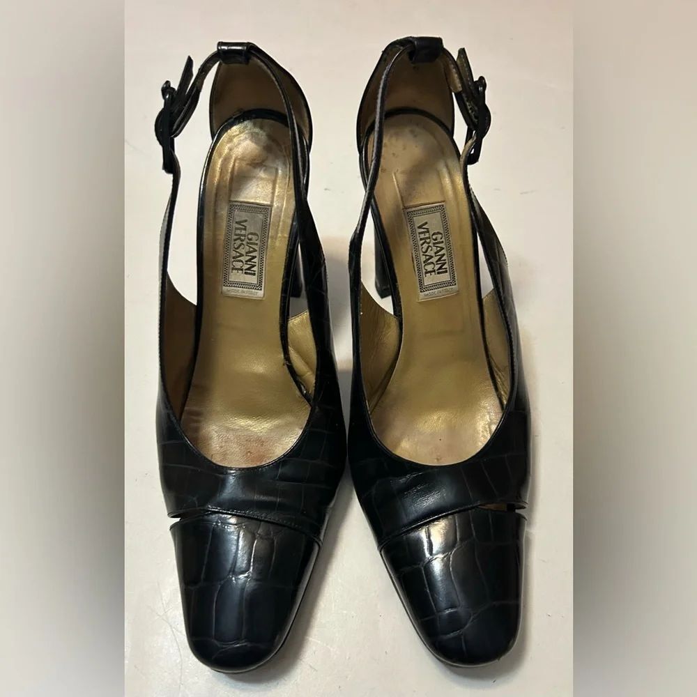 Gianni Versace Black -Embossed Slingback Heels size 39.5
